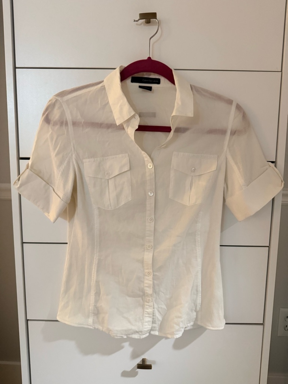 Calvin Klein White Collared Short-Sleeve Shirt- size small